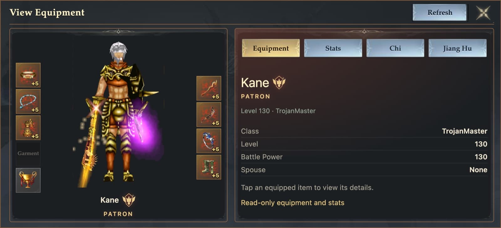 Another player viewing a Patron's equipment, with the badge and title shown
