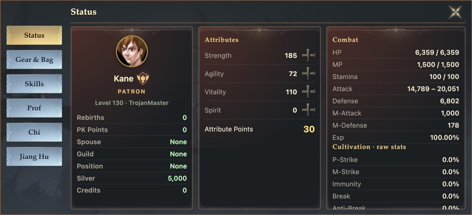 The Status card for a Patron, with the badge and tier title under the name